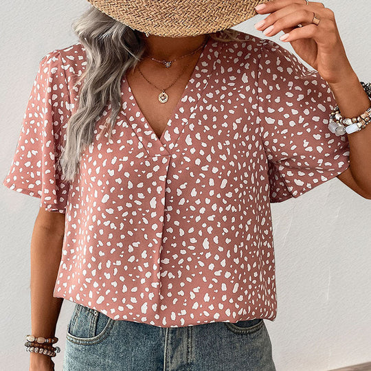 Damen V-Ausschnitt T-Shirt mit Leopardenmuster und fließendem Schnitt