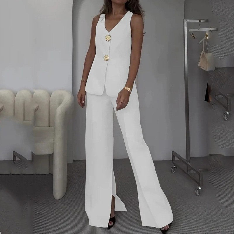 Damen elegantes Hosenanzug-Set mit tailliertem Blazer und weit geschnittenen Hosen