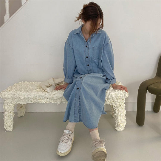 Damen Oversize-Denim-Maxikleid im Hemdstil mit Brusttasche und durchgehender Knopfleiste Shop Nory