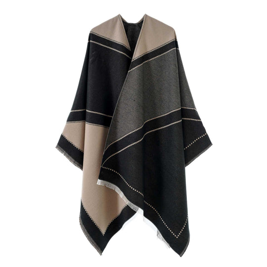 Damen Großer Wollmix Fransenponcho mit diagonalen Kontraststreifen Shop Nory