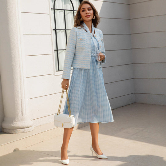 Damen Zweiteiliges Bouclé-Jacken-Set mit tailliertem Gingham-Midikleid Shop Nory