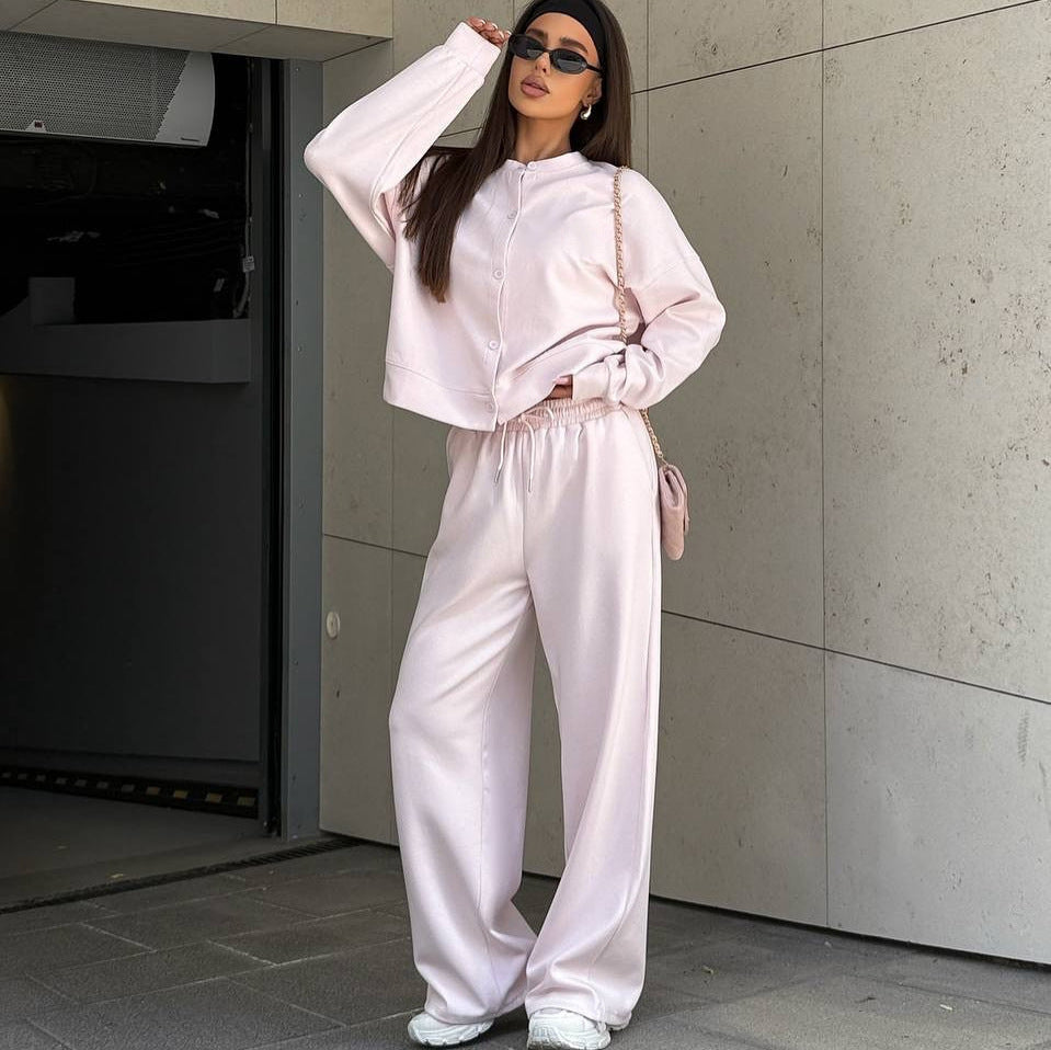 Damen Zweiteiliges Loungewear-Set mit verdeckter Druckknopf-Cardigan und weiten High-Waist Jogpants Shop Nory