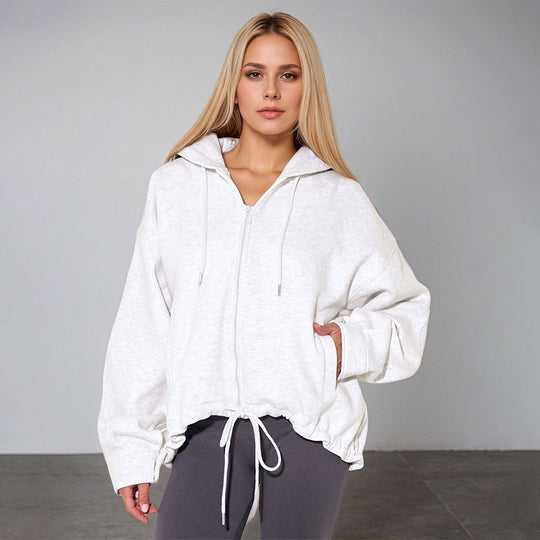 Damen oversized Kapuzenjacke mit Reißverschluss, Tunnelzug-Saum und Kängurutaschen Shop Nory