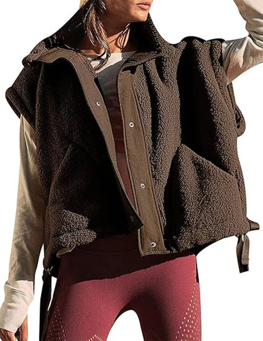 Damen Übergroße Teddyfleece-Weste mit Kapuze und Druckknöpfen Shop Nory