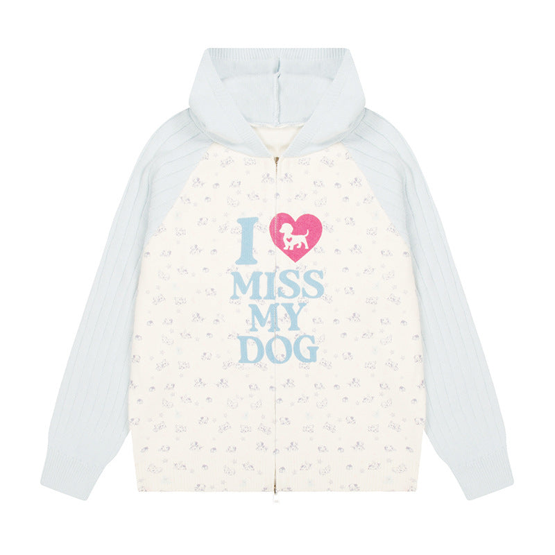 Damen Kapuzen‑Strickjacke mit durchgehendem Reißverschluss, gerippten Ärmeln und Hunde‑Statement‑Print Shop Nory