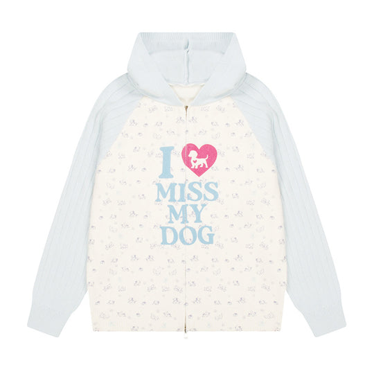 Damen Kapuzen‑Strickjacke mit durchgehendem Reißverschluss, gerippten Ärmeln und Hunde‑Statement‑Print Shop Nory