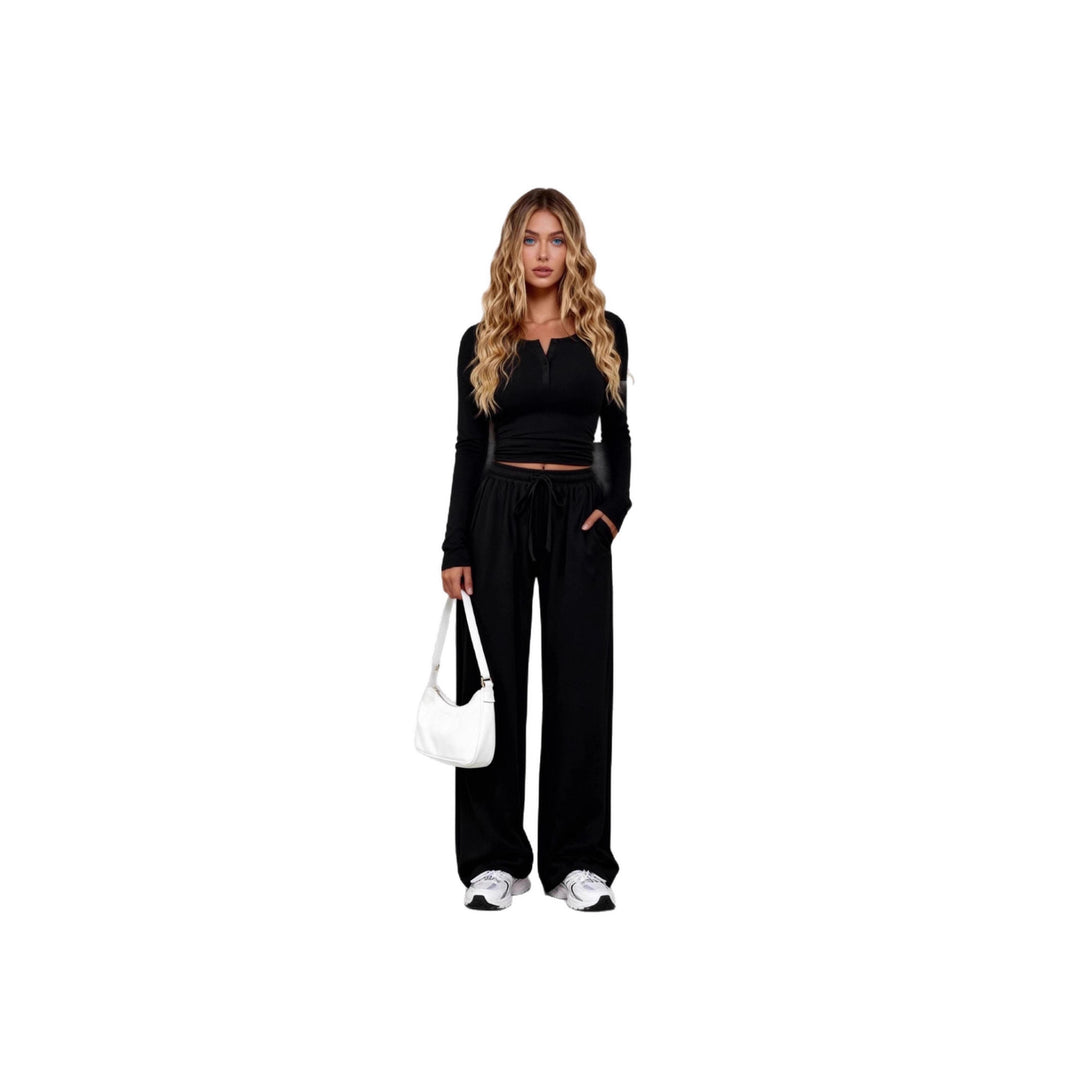 Damen nan Lounge-Set aus Feinstrick mit Henley-Oberteil und weiten Palazzo-Hosen Shop Nory