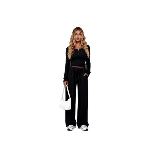 Damen nan Lounge-Set aus Feinstrick mit Henley-Oberteil und weiten Palazzo-Hosen Shop Nory