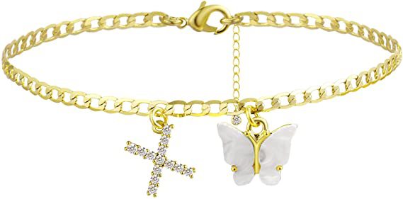 Damen Fußkettchen mit eleganten Glitzer- und Schmetterlingsanhängern Shop Nory