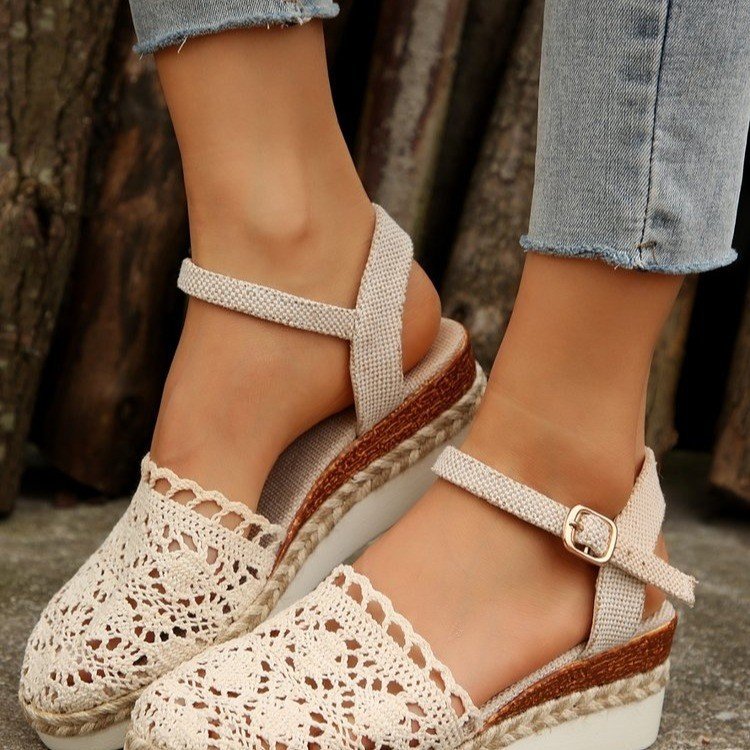 Damen Espadrille-Sandalen mit filigranem Häkel-Design und elastischem Knöchelriemen