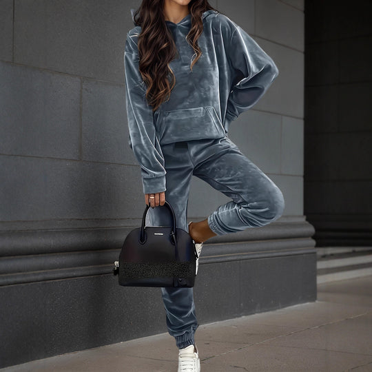 Damen Samt-Jogginganzug mit Kapuzenhoodie, Kängurutasche und elastischer Bündchenhose Shop Nory