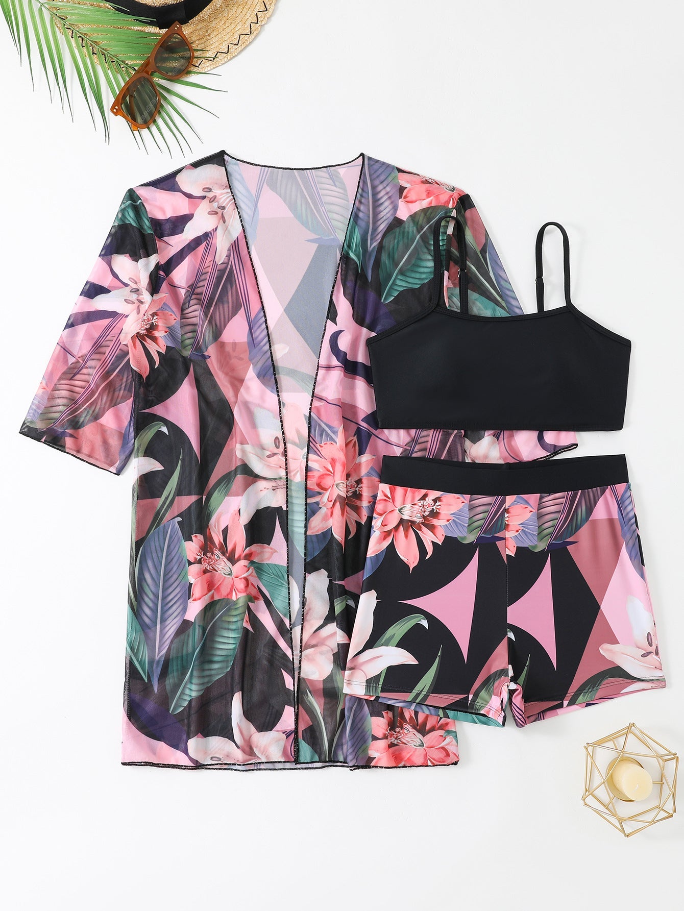 Damen Strand-Badetasche mit floralem Überwurf und Bikiniset