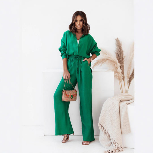 Damen Crinkle-Lounge-Set mit oversized Hemdbluse und weiten Palazzo-Hosen Shop Nory