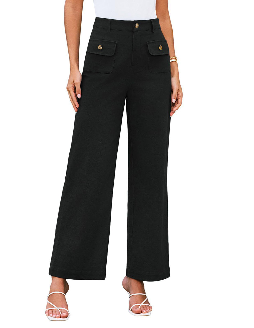 Hochtaillierte Damen-Trousers mit weitem Bein und Knopfklappen-Pattentaschen Shop Nory