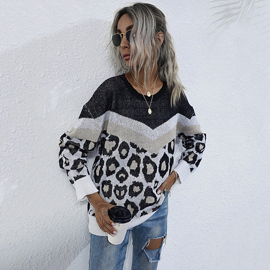 Damen Oversize-Feinstrickpullover mit Chevron-Detail und abstraktem Leoprint Shop Nory