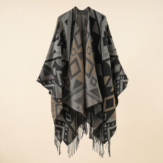Damen Gewebter Ruana-Umhang aus Wollmix mit grafischem Ethno-Jacquard und langen Fransen Shop Nory