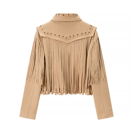 Damen Kurze Fransen-Suedejacke im Westernstil mit Nietenbesatz und Frontreißverschluss Shop Nory