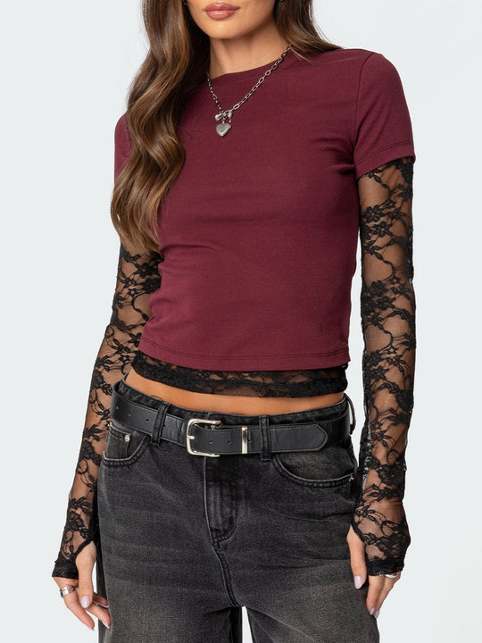 Damen Kurzshirt mit Spitzen-Ärmeln und Lagenoptik Shop Nory