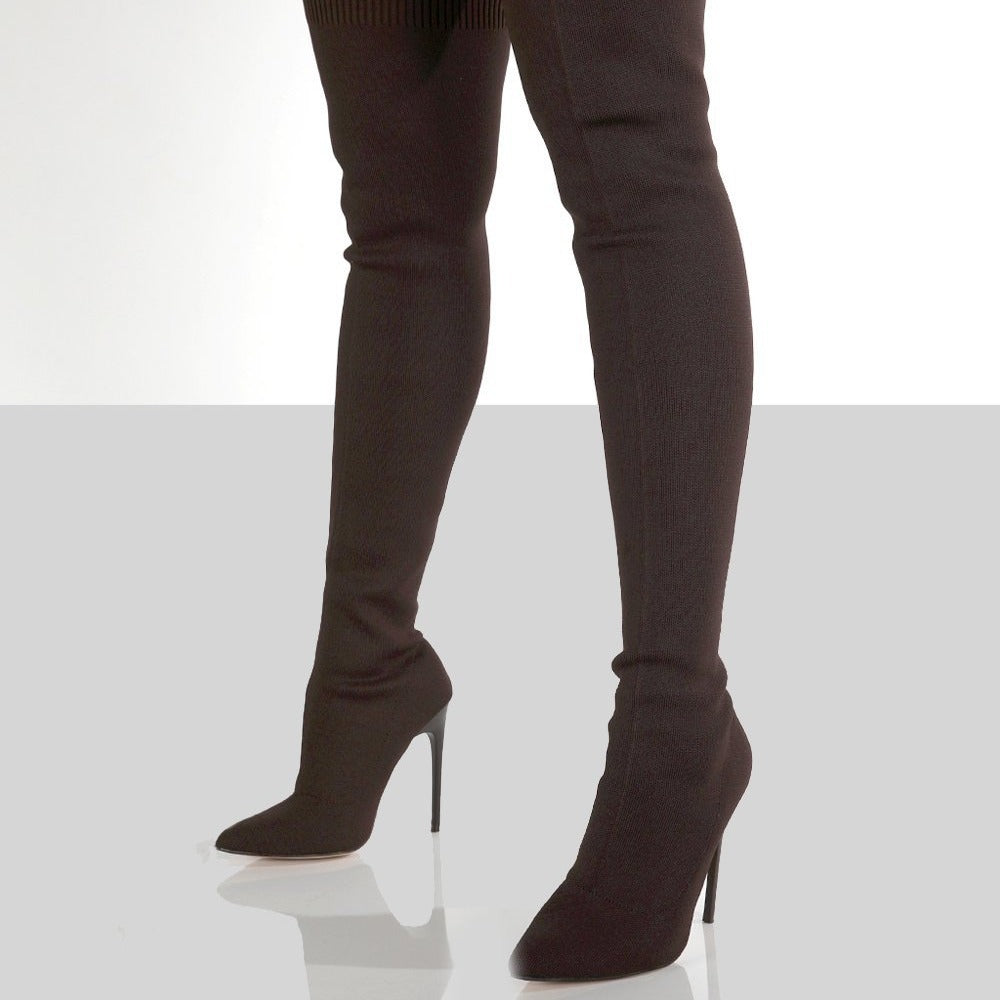 Damen Overknee-Stretch-Strickstiefel mit spitz zulaufender Schuhspitze Shop Nory
