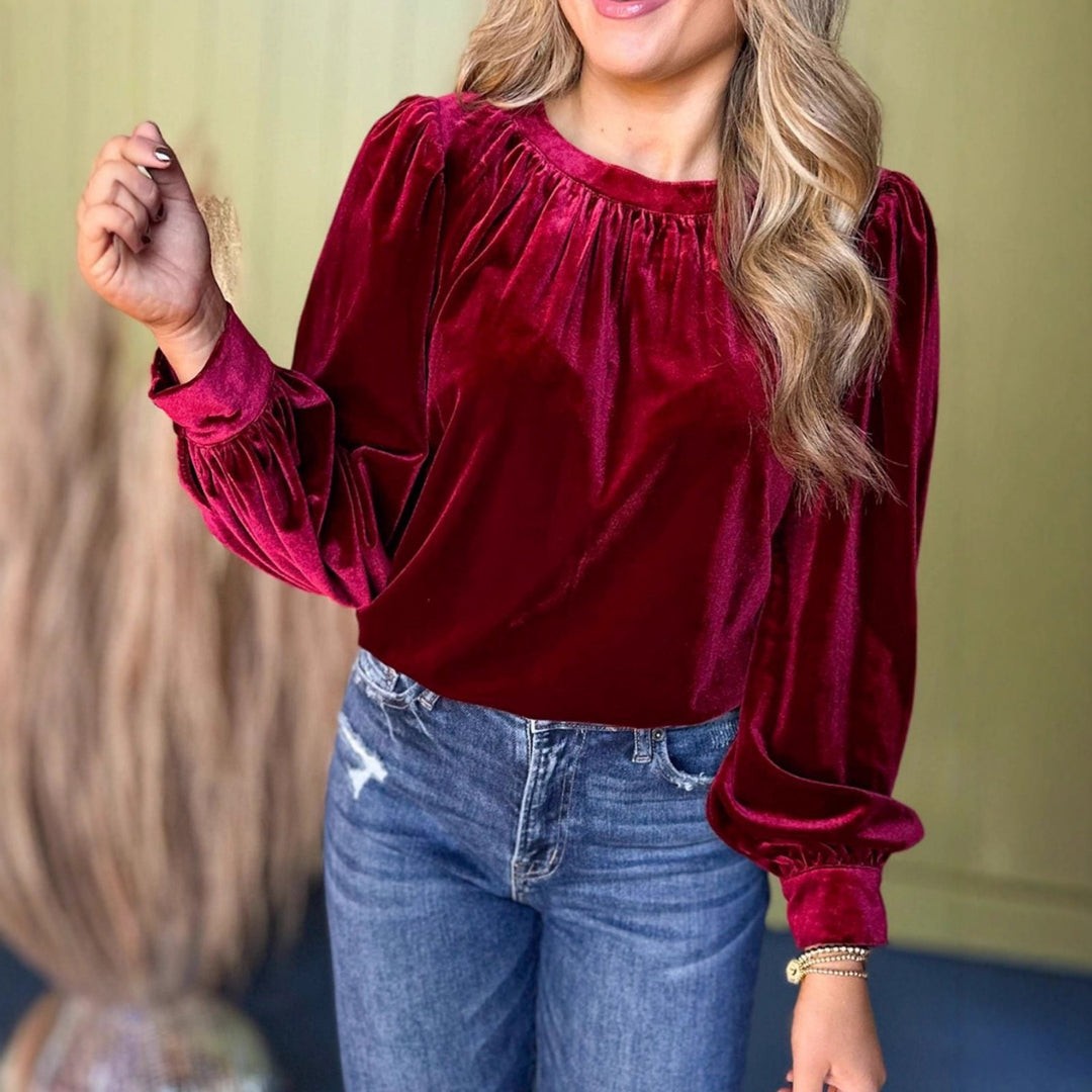 Damen Samtbluse mit Ballonärmeln und gerafftem Stehkragen Shop Nory