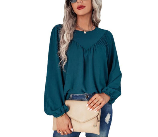 Damen Lässiges Viskose-Blusenshirt mit Rundhals und Ballonärmeln Shop Nory