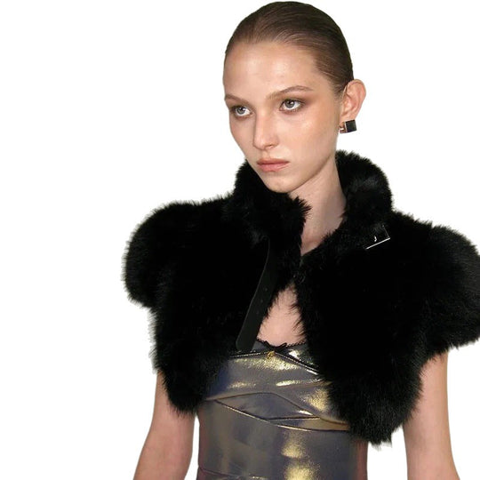 Damen Cropped Kunstpelz‑Bolero mit voluminösem Umlegekragen und Puffärmeln Shop Nory