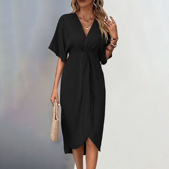 Damen Wickel-Midikleid mit Knotendetail, V-Ausschnitt und überschnittenen Ärmeln Shop Nory