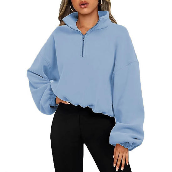 Damen nan kurz geschnittenes Halbzip-Sweatshirt mit hohem Stehkragen, Ballonärmeln und elastischem Saum Shop Nory