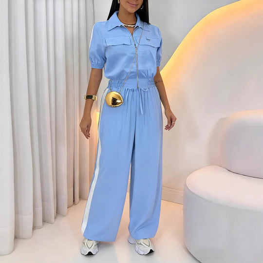 Damen Lässiger Zweiteiler-Jumpsuit mit Reißverschluss, kurzem Arm und weitem Palazzohosenbein Shop Nory