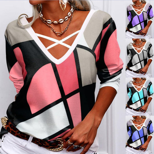 Damen Langarmshirt mit V-Ausschnitt und dekorativen Kreuzgurten, geometrischer Colorblock-Druck Shop Nory