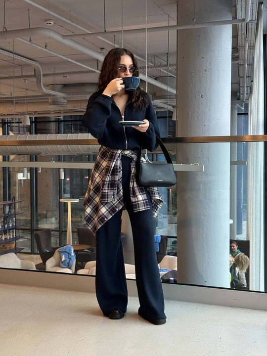 Damen gemütlicher Strick-Jumpsuit mit Reißverschluss, elastischem Taillenbund und weitem Bein Shop Nory