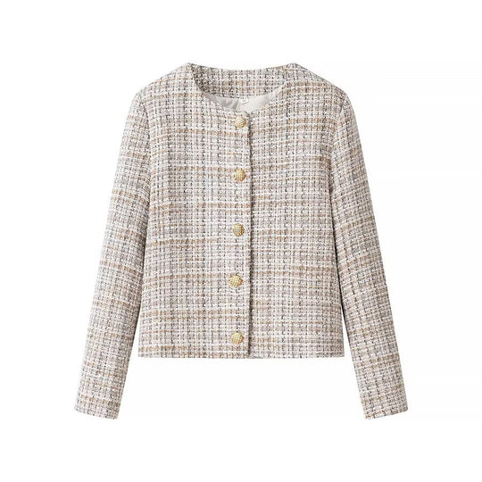 Damen Kurzjacke aus Bouclé‑Tweed mit rundem Ausschnitt und dekorativen Goldknöpfen Shop Nory