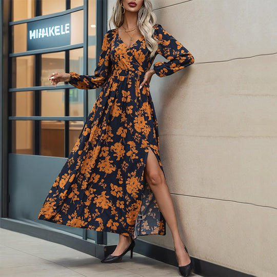Damen Florales Maxikleid mit Wickel‑Dekolleté, Smock‑Taillenband und hohem Seitenschlitz Shop Nory