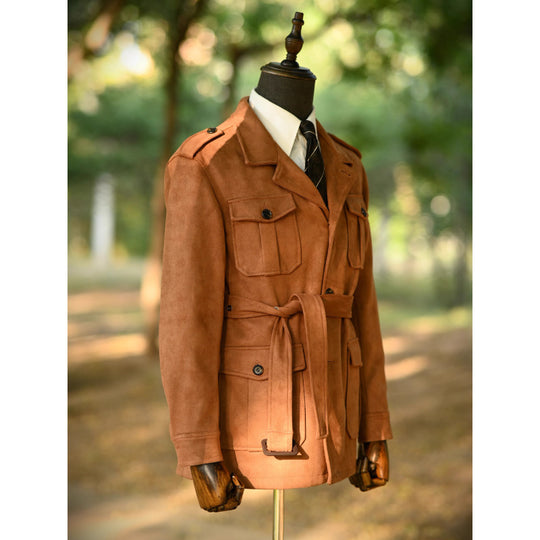 Herren Veloursleder-Safari-Jacke mit Taillengürtel und Pattentaschen Shop Nory