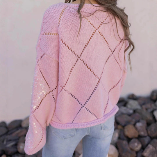 Damen Grobgestrickter Oversize-Pullover mit Ajour‑Rautenmuster und Pailletten Shop Nory
