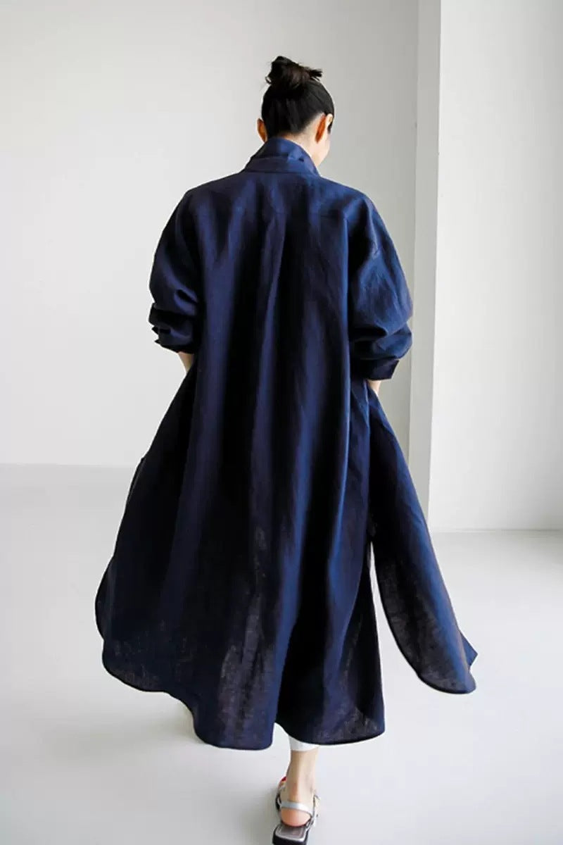 Damen Oversize-Leinen-Hemdmaxikleid mit Stehkragen, Krempelärmeln und hohen Seitenschlitzen Shop Nory