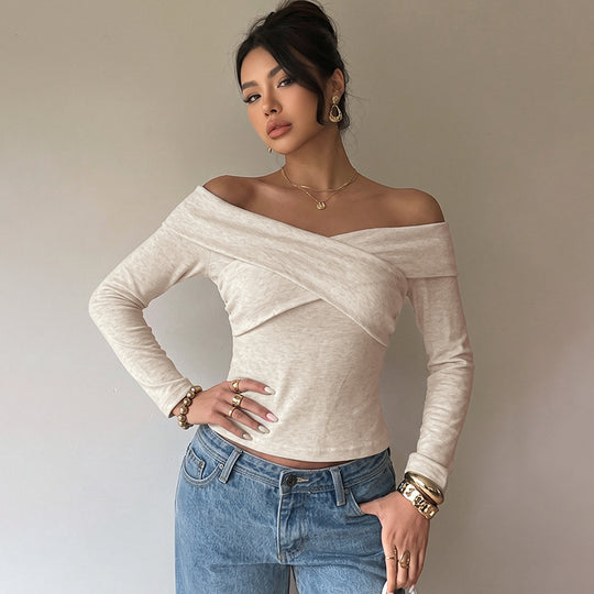 Damen Schulterfreies Wickel-Longsleeve mit Carmenkragen und taillierter Passform Shop Nory