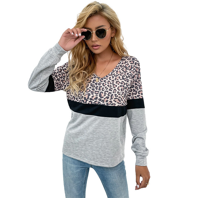 Damen Langarmshirt mit V-Ausschnitt und Leopardenmuster im Colorblock-Design Shop Nory