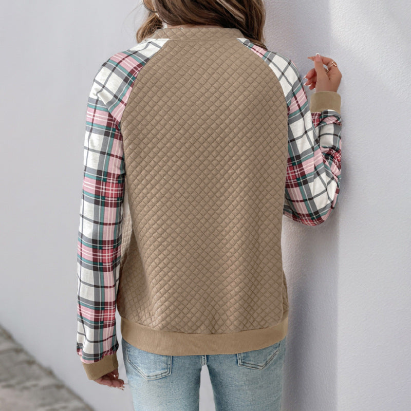 Damen Stepppullover mit halbem Reißverschluss und karierten Raglanärmeln Shop Nory