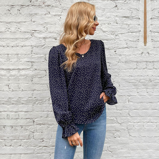 Damen Gepunktete Viskose-Bluse mit Ballonärmeln und Rüschensaum Shop Nory