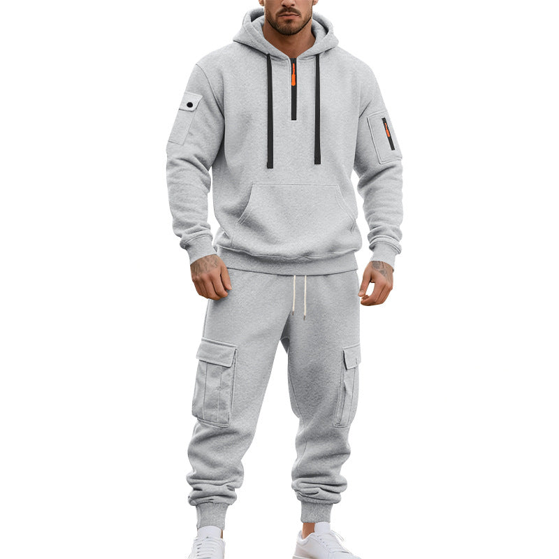 Herren nan zweiteiliges Utility-Freizeitset Hoodie mit halbhohem Reißverschluss, Ärmeltasche und Cargo-Jogginghose mit Klappentaschen Shop Nory