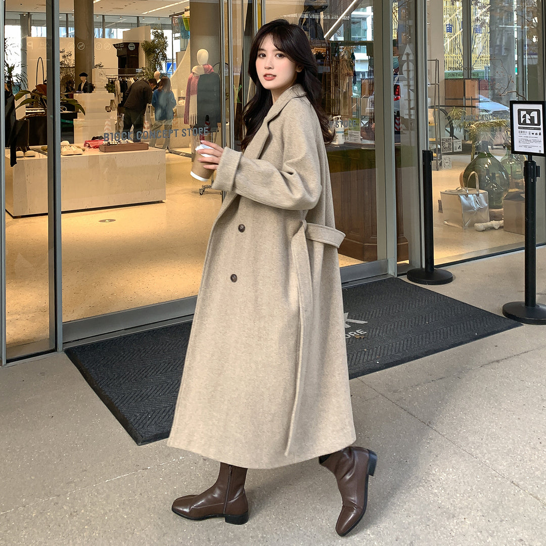 Damen Lang geschnittener Wollmix-Trenchcoat mit Taillenband und kastiger Schulterpartie Shop Nory