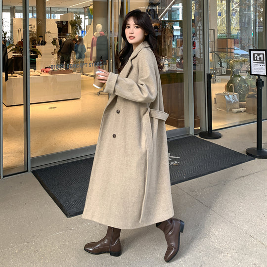 Damen Lang geschnittener Wollmix-Trenchcoat mit Taillenband und kastiger Schulterpartie Shop Nory