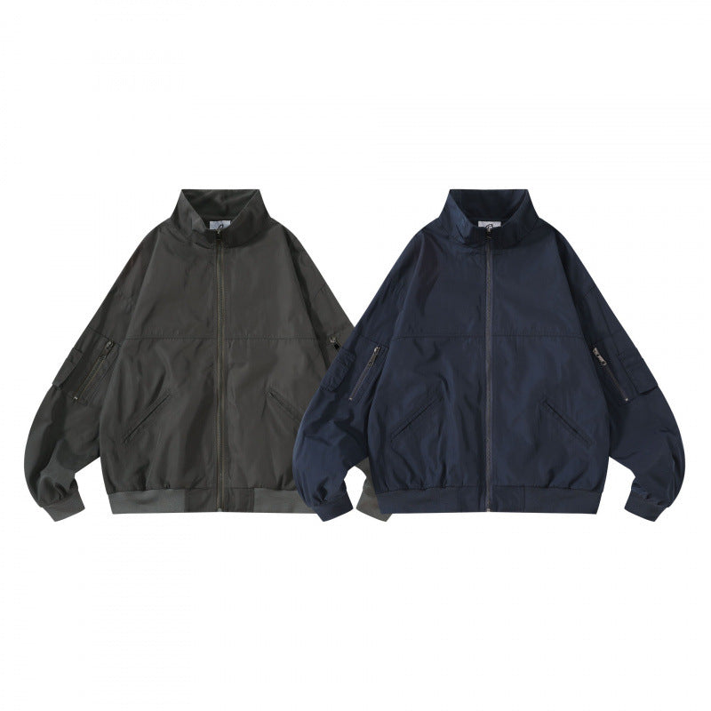 Unisex Kastige Utility-Bomberjacke mit Stehkragen, Reißverschluss und Ärmel-Taschen Shop Nory