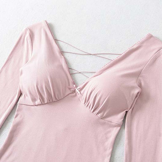 Damen Figurbetontes Langarm-Top mit tiefem V‑Ausschnitt, gekreuzten Spaghettiträgern und Spitzenkante Shop Nory