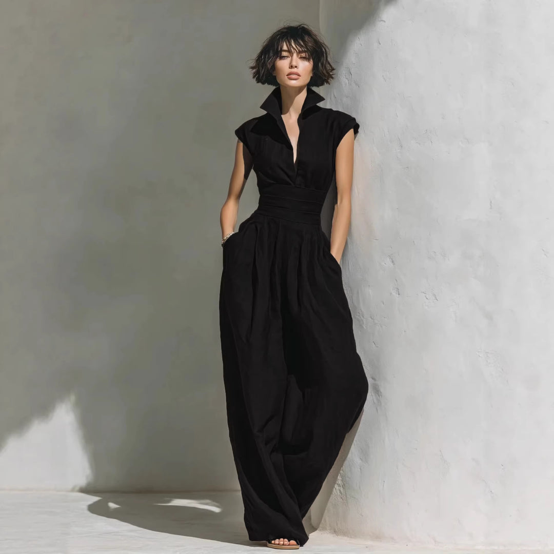 Damen Jumpsuit mit weitem Bein, tailliertem Wickelbund und Stehkragen Shop Nory