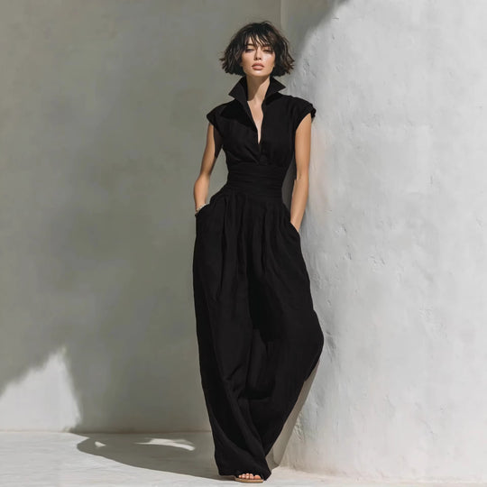 Damen Jumpsuit mit weitem Bein, tailliertem Wickelbund und Stehkragen Shop Nory