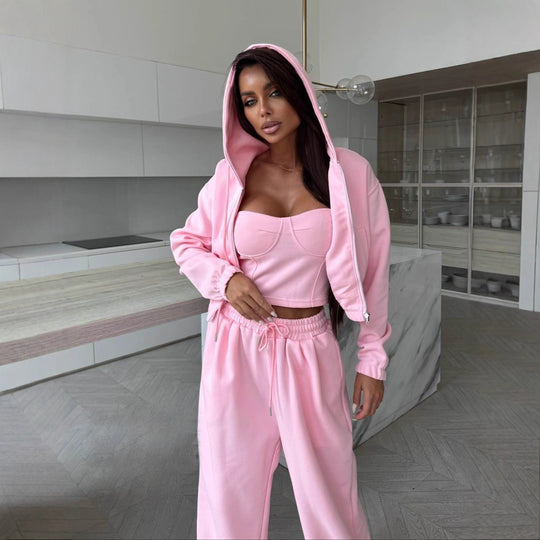 Damen Sculpting-Corsagen-Crop mit Kapuzen-Zipjacke und weiter High-Waist-Jogginghose Shop Nory