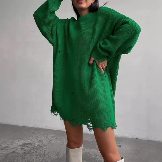 Damen Oversized Strickkleid mit Destroyed-Saum und Ballonärmeln Shop Nory