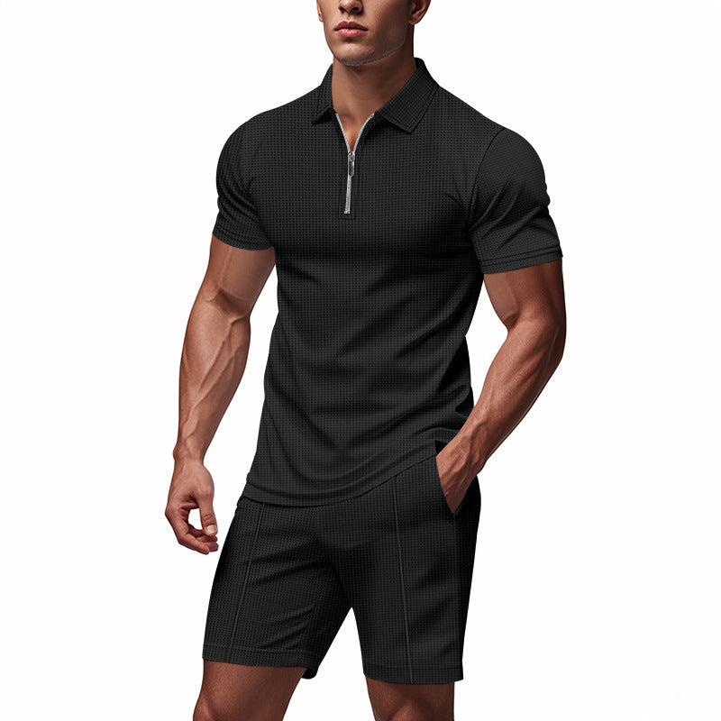 Herren Sportliches Kurzarm-Set mit teils strukturiertem Design und durchgehendem Reißverschluss